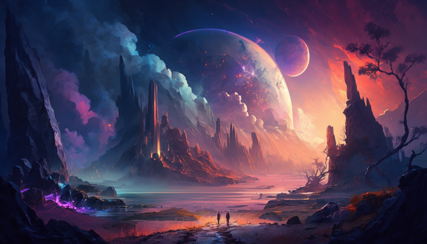 A world scene: twin moons over an ashfall coast
